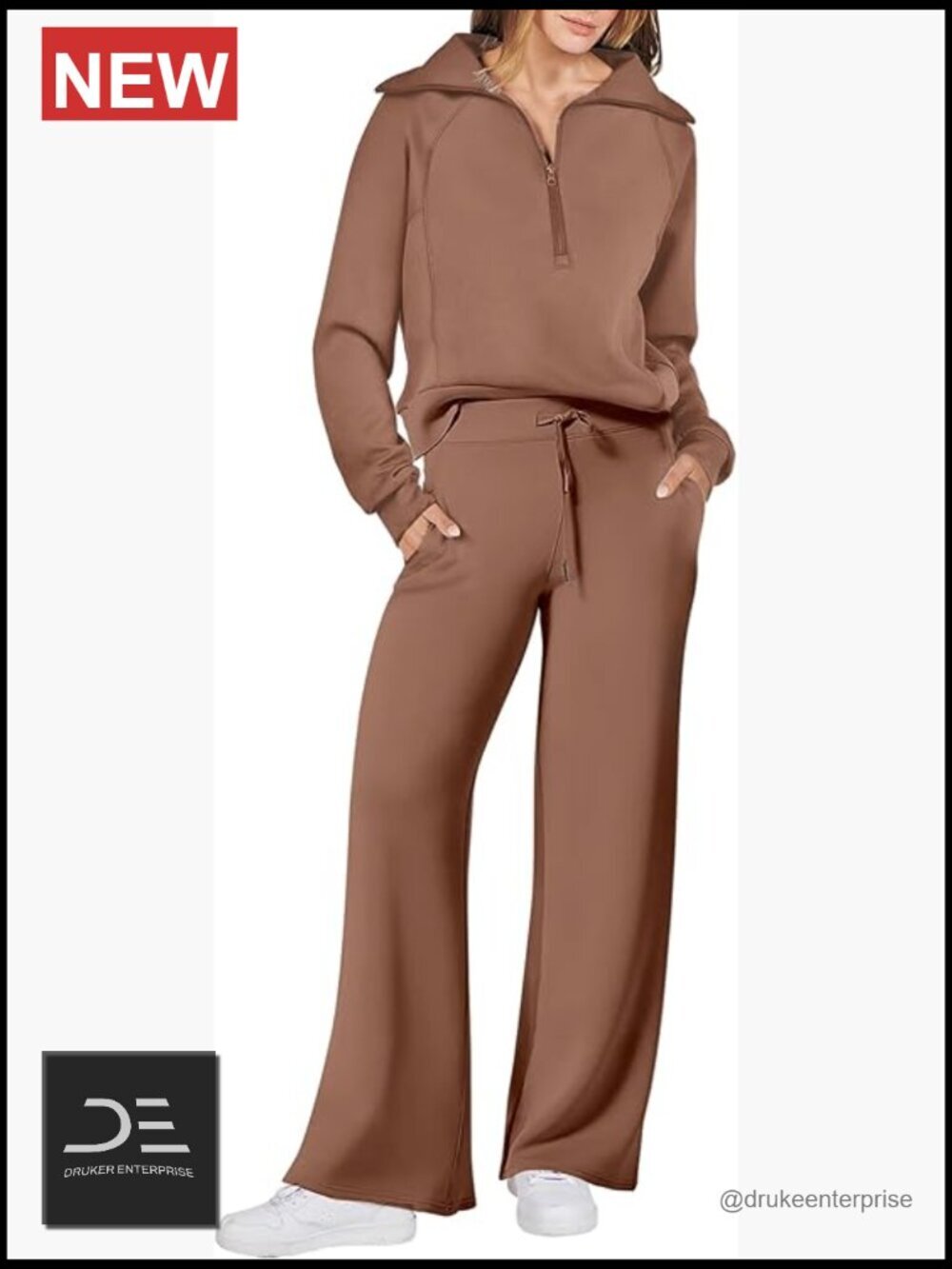 Half Zip Sweatshirt & Wide Leg Pants Lounge Set, Wrinkle-Free Travel Outfit